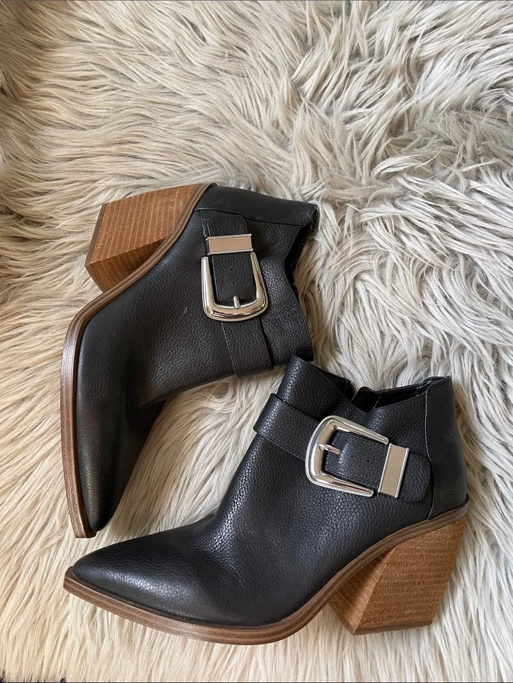 Vince Camuto Black Leather Buckle Ankle Booties
